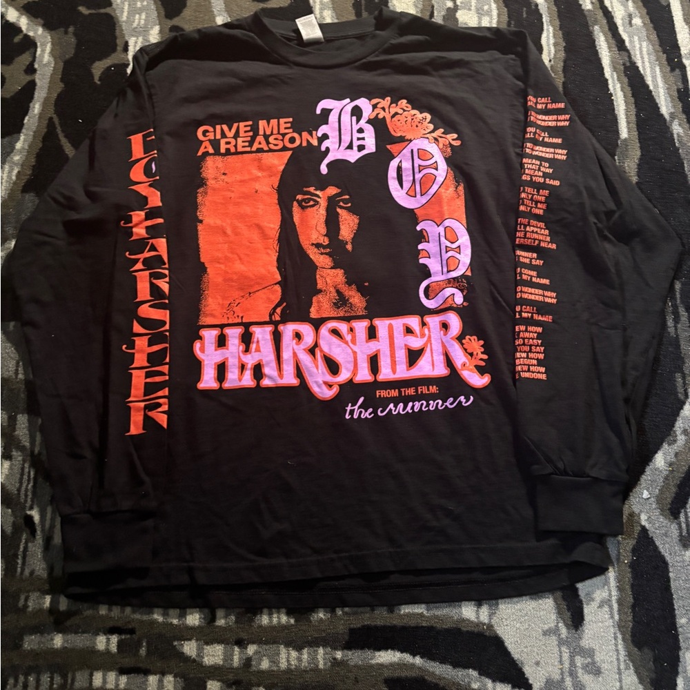 Gildan Black Crewneck Sweater with Red and Pink Graphic "Harsher"